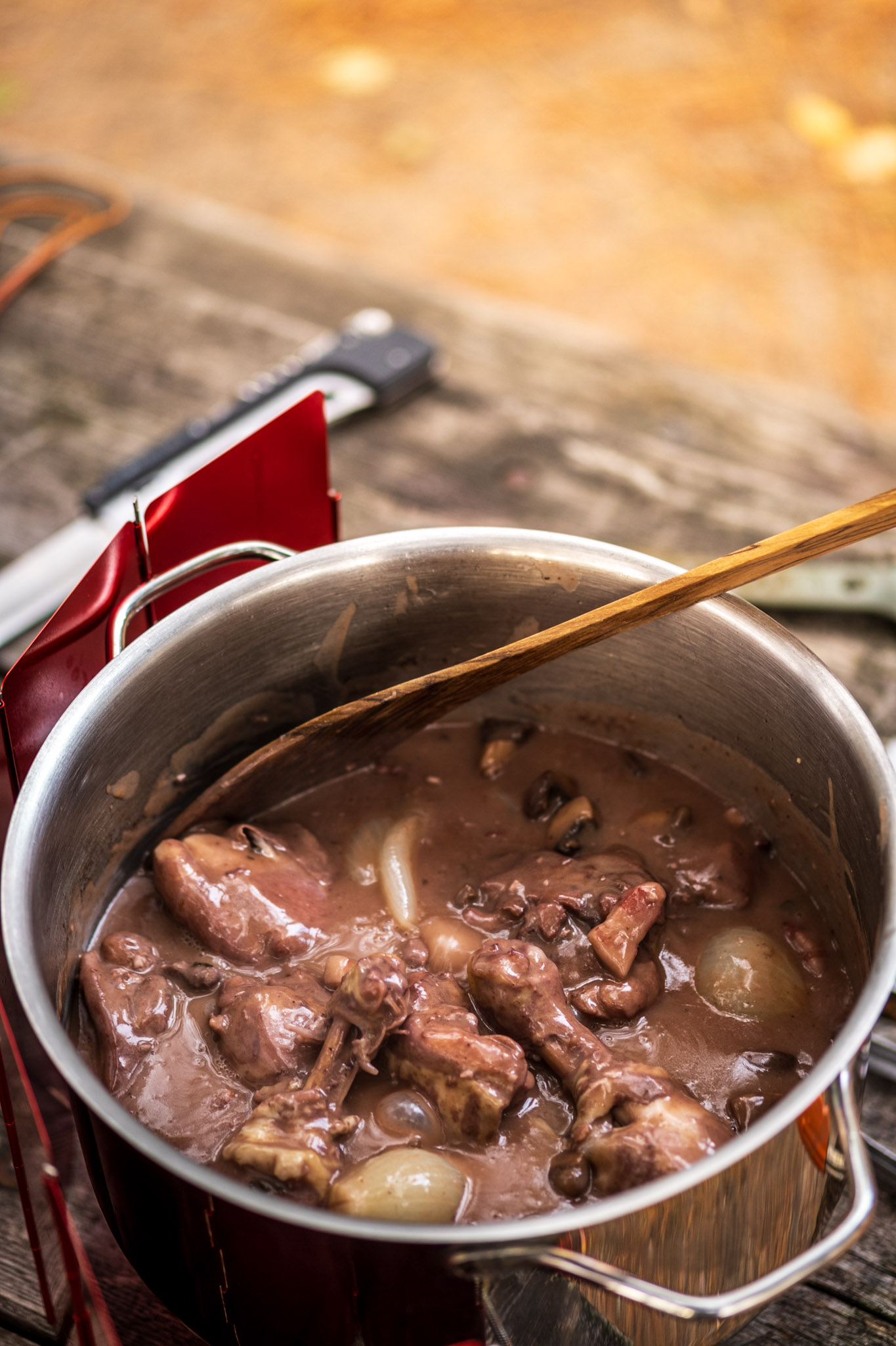 Coq au vin in a pot on a campground table
