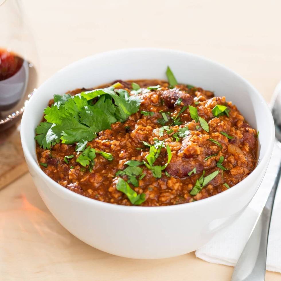 Vegan TVP chili, and a glass of red wine