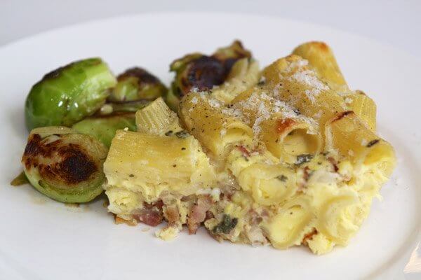 Pasta carbonara frittata with sautéed Brussels sprouts
