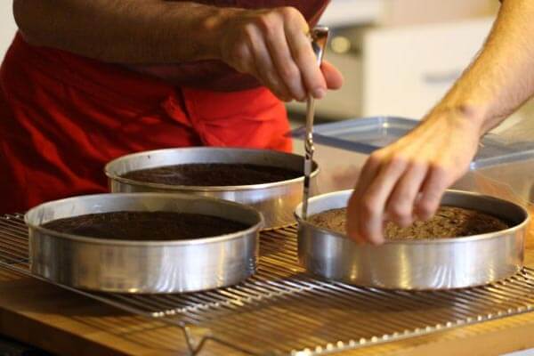 Releasing the chocolate cake layers