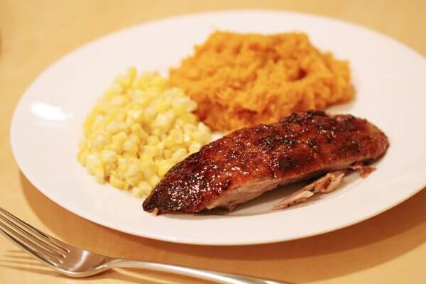 Roasted duck with tangerine-hoisin glaze, corn and sweet potato purée