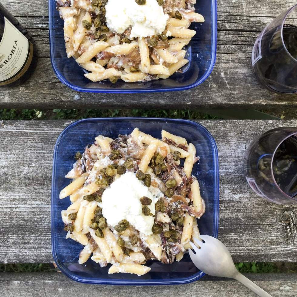 Penne with ricotta, caramelized onion, radicchio and capers