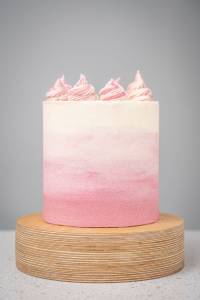 Vegan vanilla 4-layer cake decorated with pink ombré buttercream icing