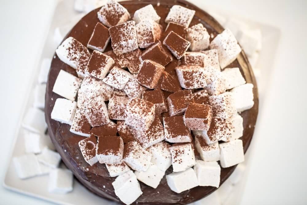 Hot chocolate layered cake with homemade marshmallows