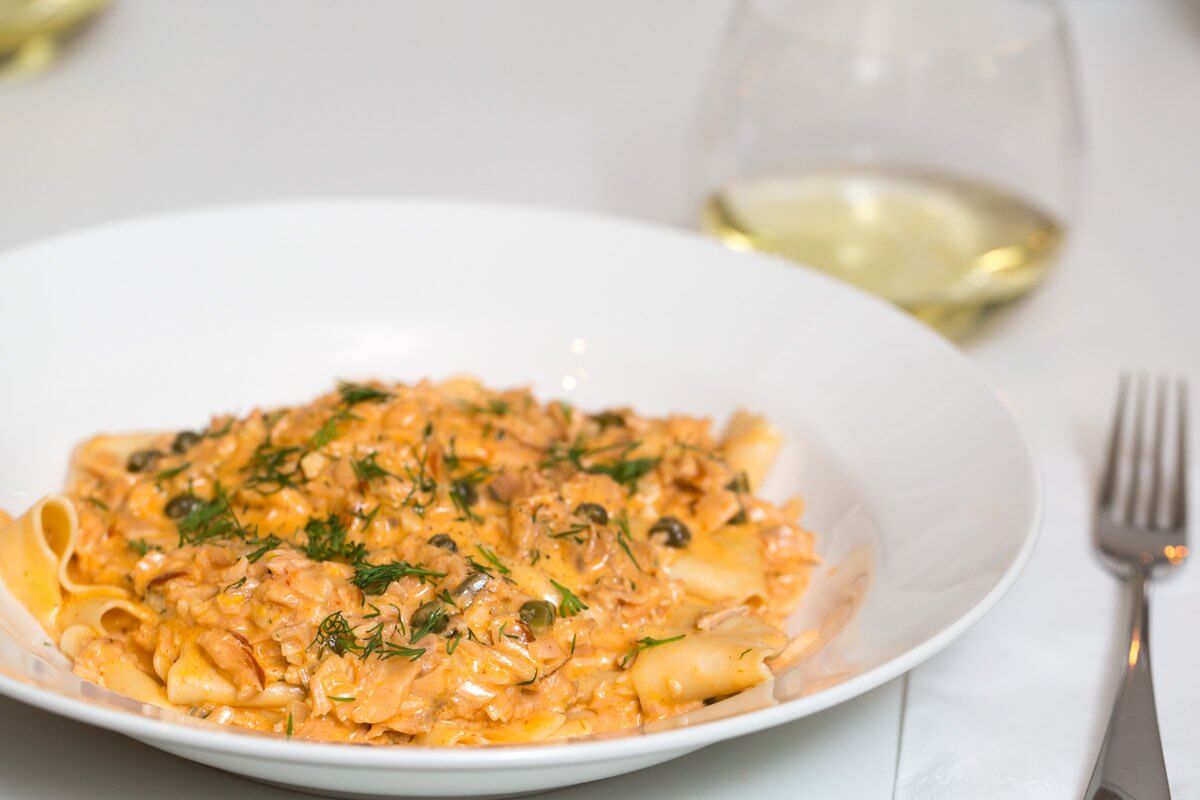 Pappardelle with creamy smoked salmon, caper and dill sauce