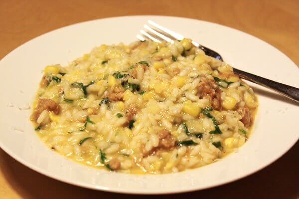 Risotto with corn, Italian sausage and arugula