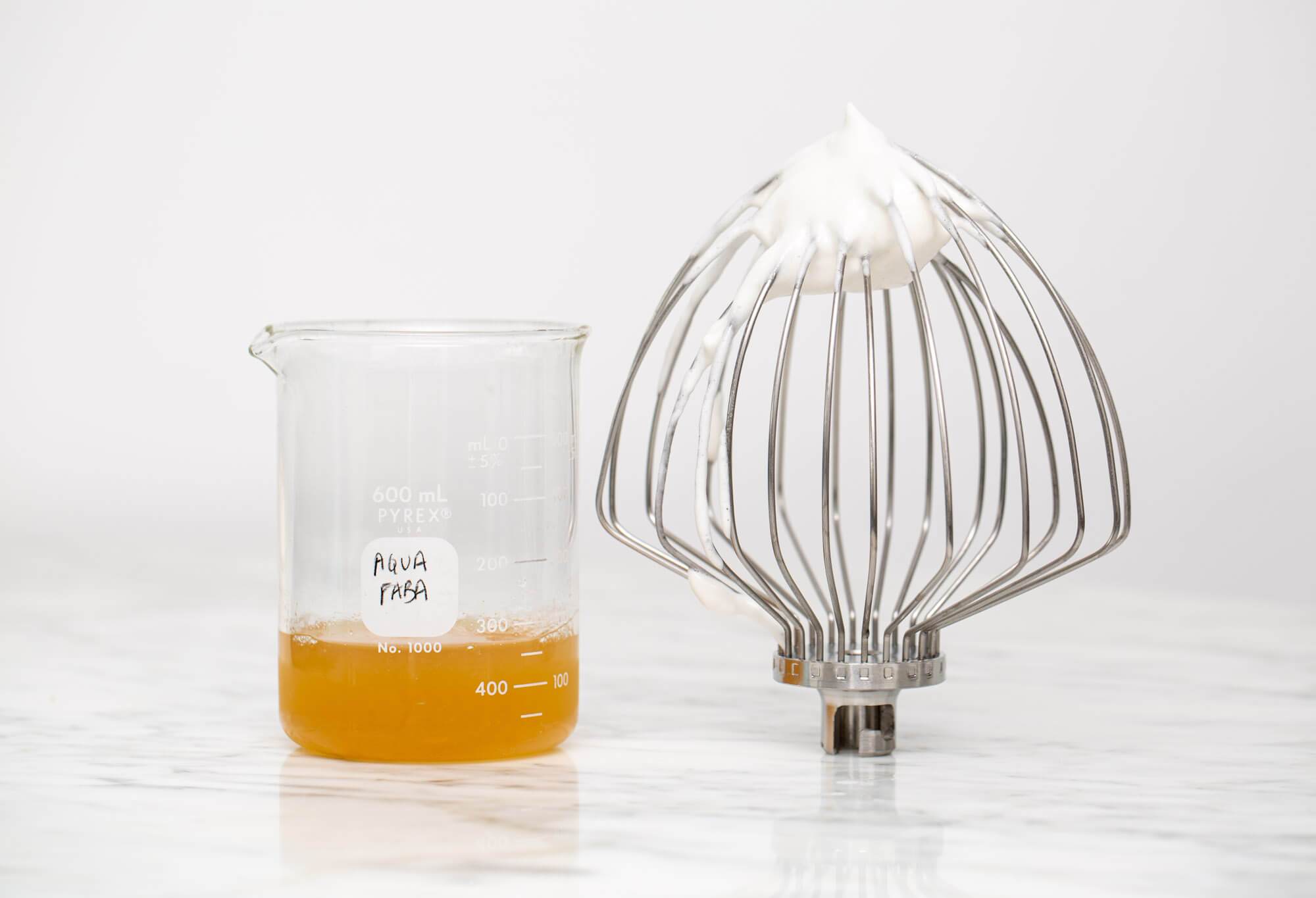 Liquid aquafaba beside whipped aquafaba as a vegan whipped egg white substitute