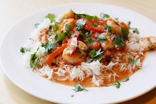 Shrimp stew with coconut milk, tomatoes and cilantro