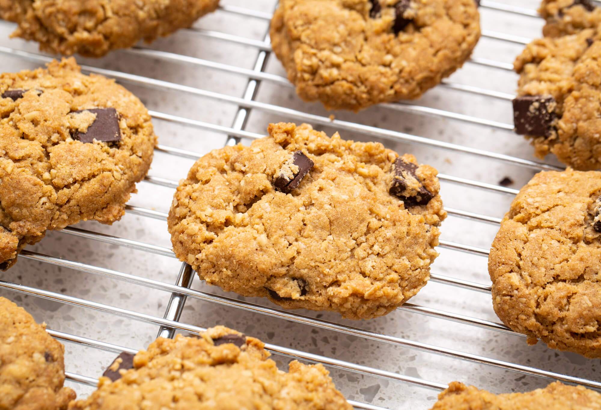Vegan oatmeal chocolate chunk protein cookies on a wire rack