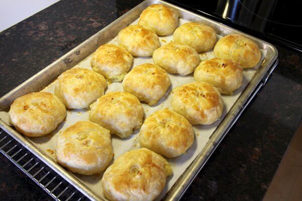 Freshly baked potato knishes