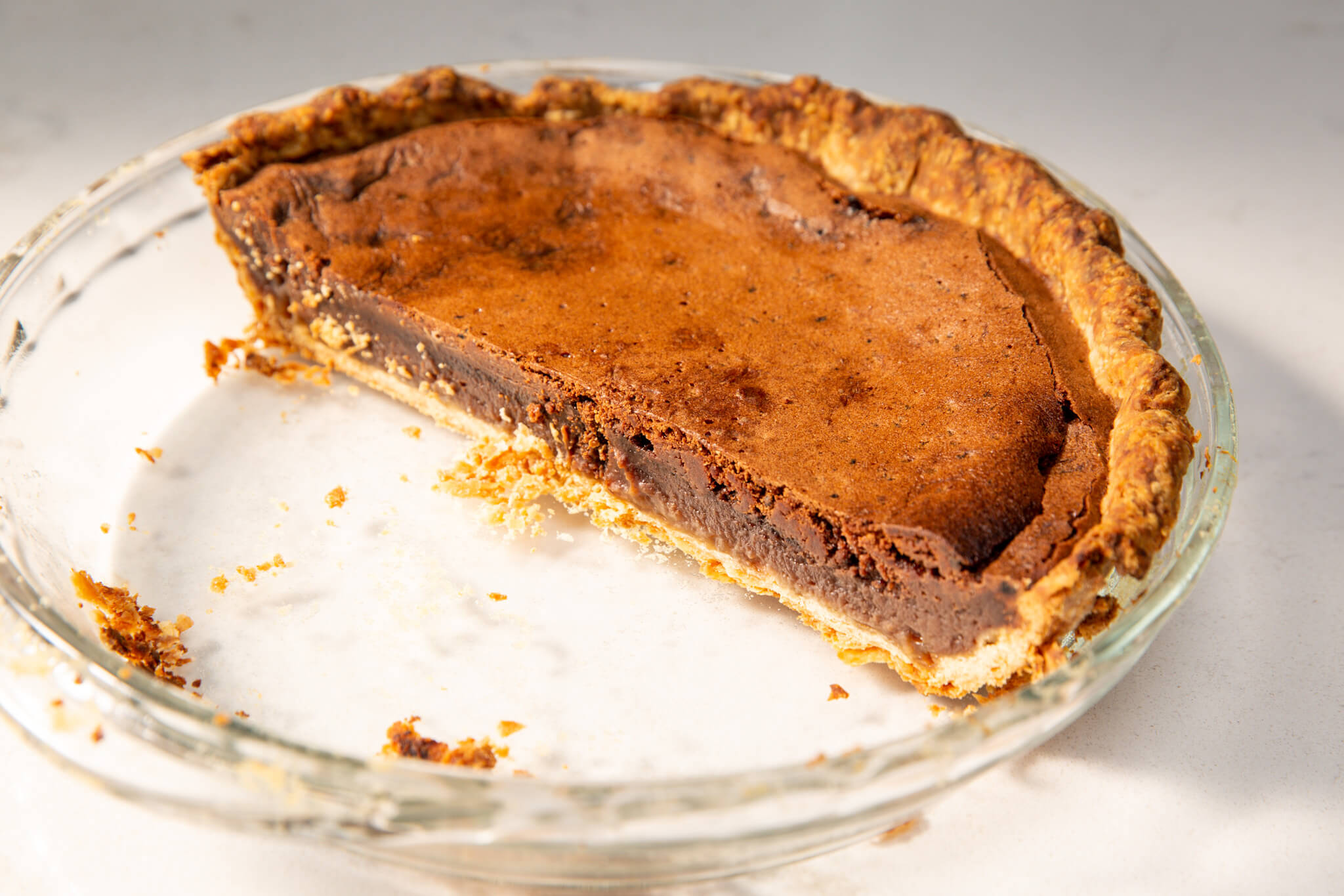 Chocolate chess pie, with half remaining